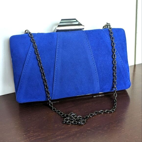 JNB Blue Faux Micro Suede Dress Handbag with Optional Chain Strap - Picture 7 of 11